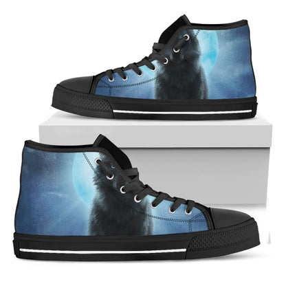 Moonlight Wolf Print Black High Top Shoes