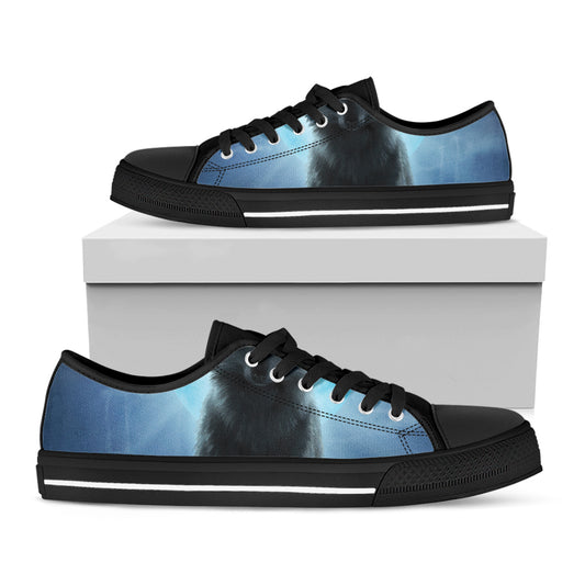Moonlight Wolf Print Black Low Top Shoes