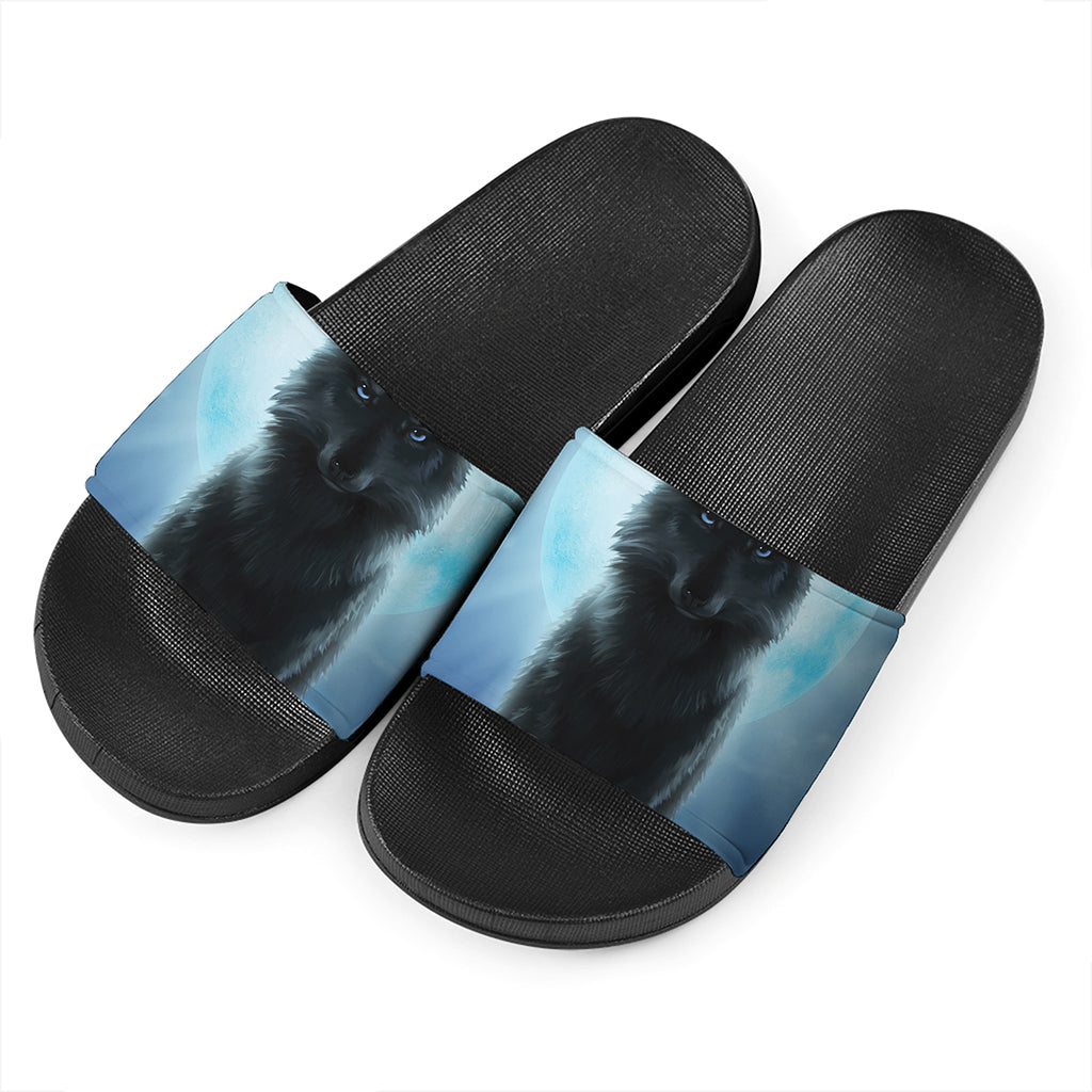 Moonlight Wolf Print Black Slide Sandals