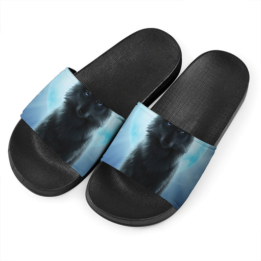 Moonlight Wolf Print Black Slide Sandals