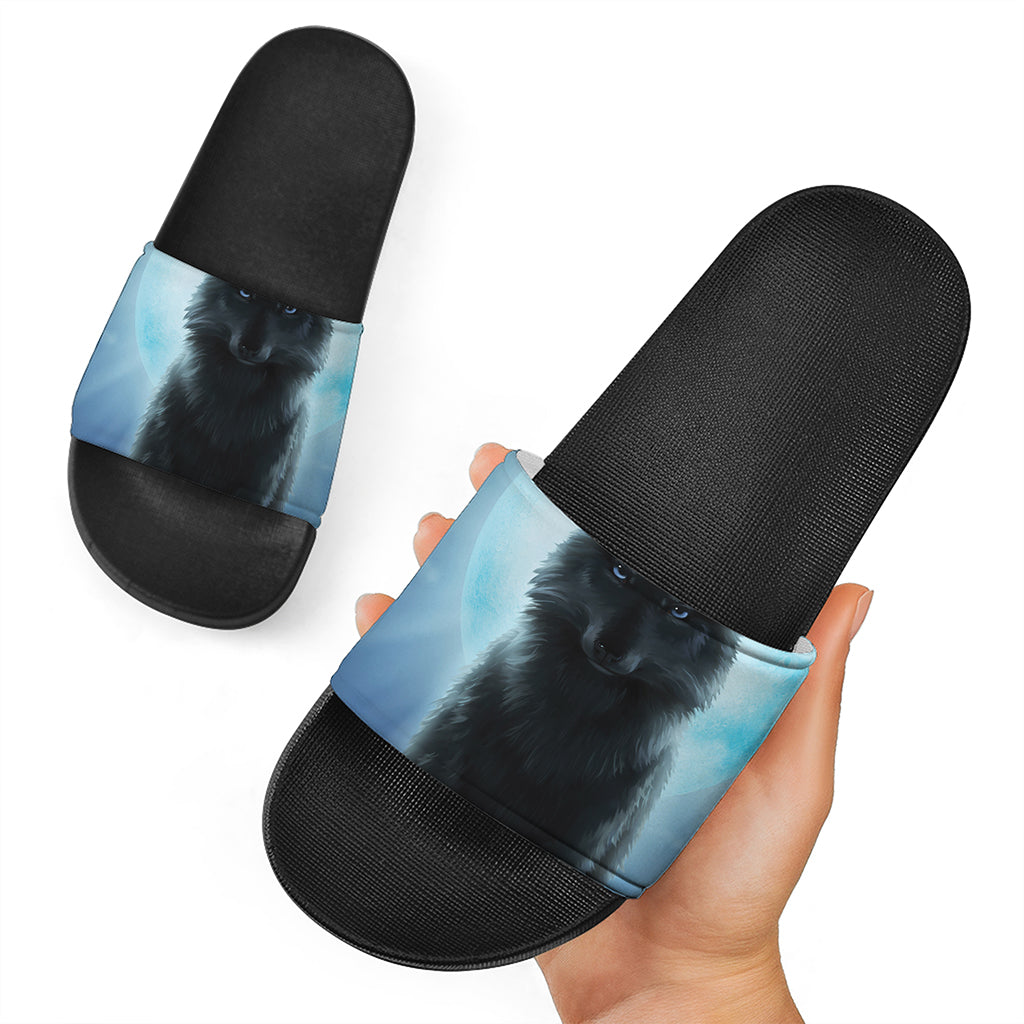 Moonlight Wolf Print Black Slide Sandals