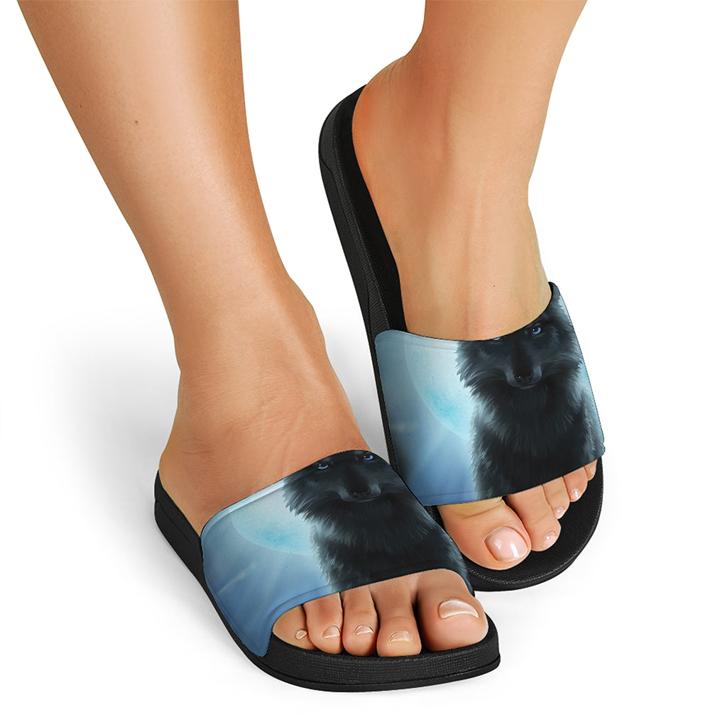 Moonlight Wolf Print Black Slide Sandals
