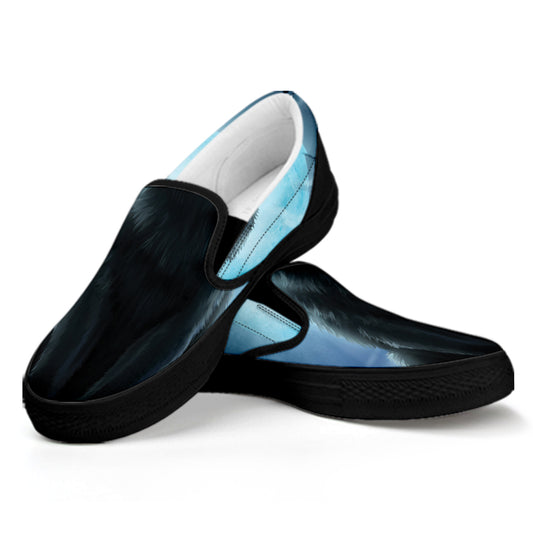 Moonlight Wolf Print Black Slip On Shoes