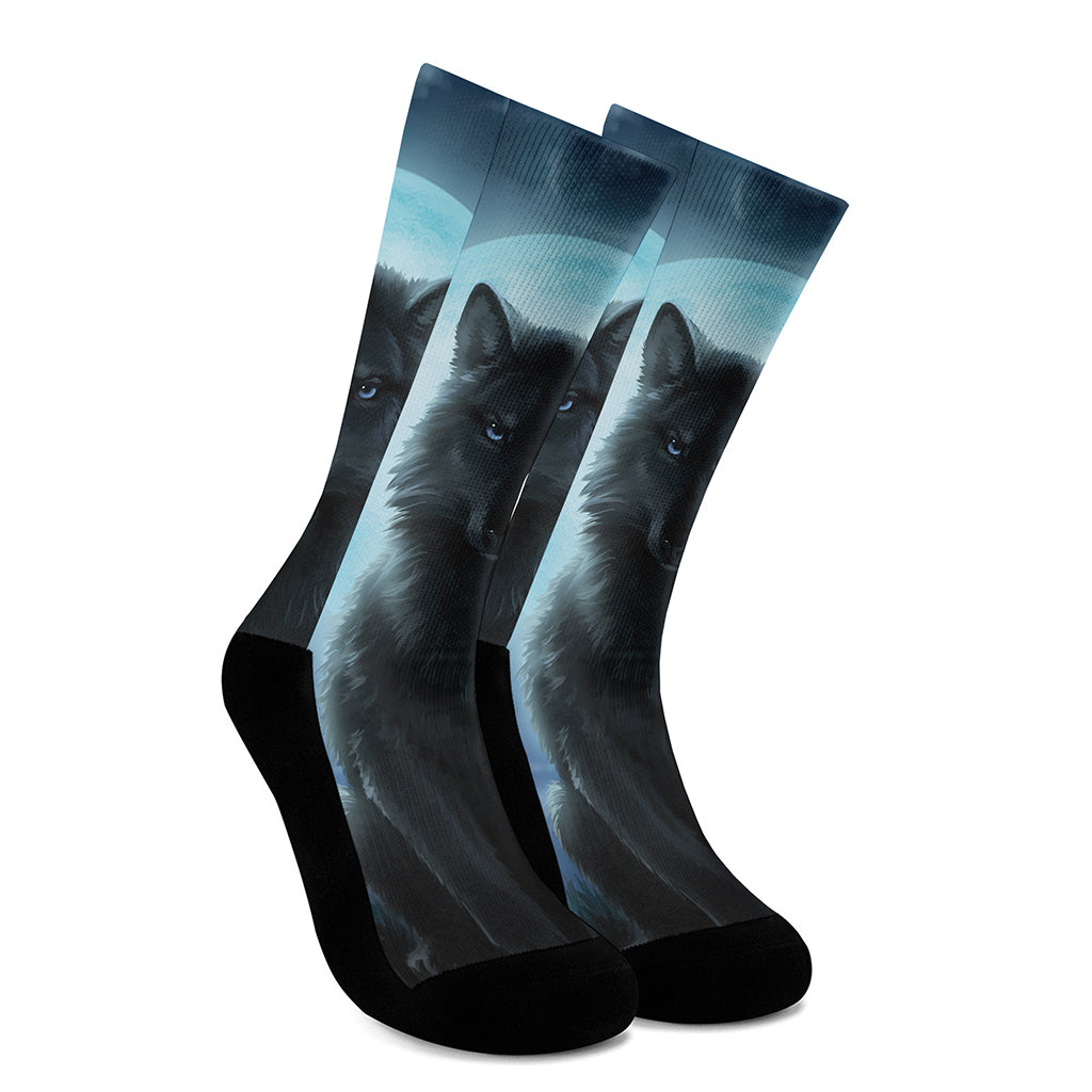 Moonlight Wolf Print Crew Socks
