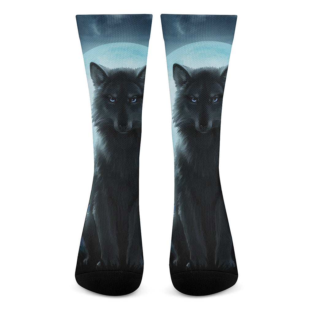 Moonlight Wolf Print Crew Socks
