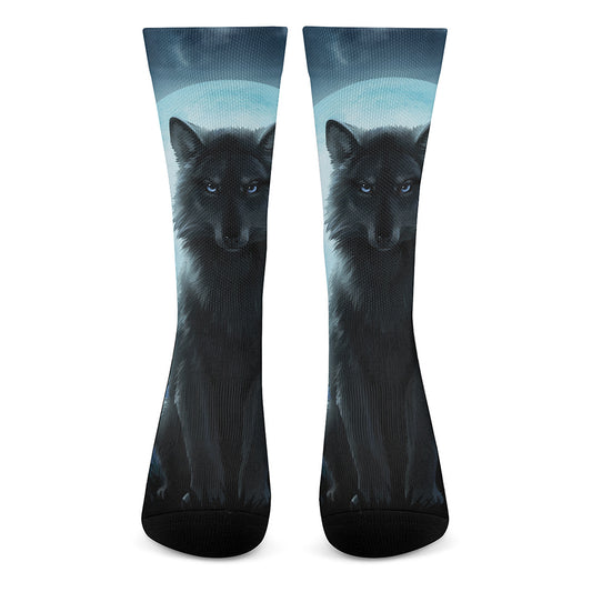 Moonlight Wolf Print Crew Socks