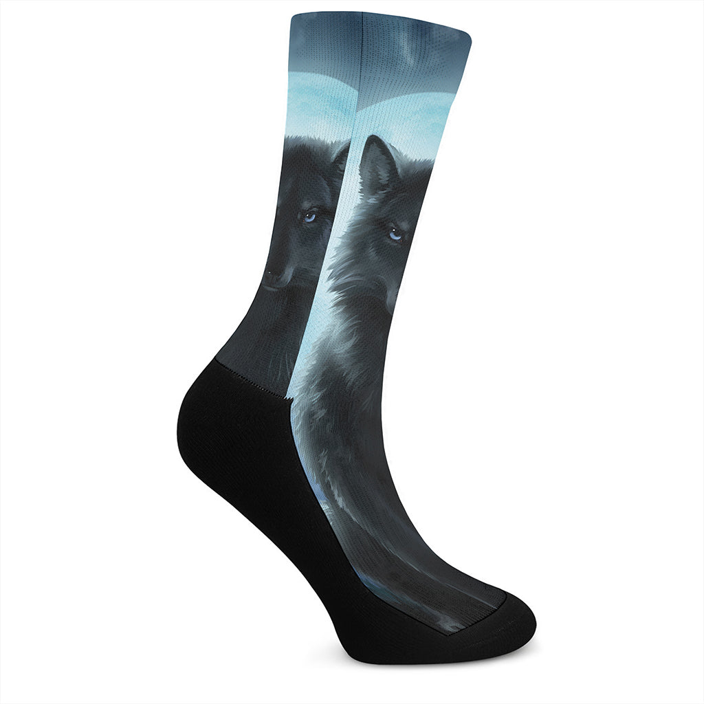 Moonlight Wolf Print Crew Socks