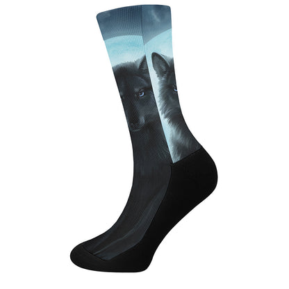 Moonlight Wolf Print Crew Socks