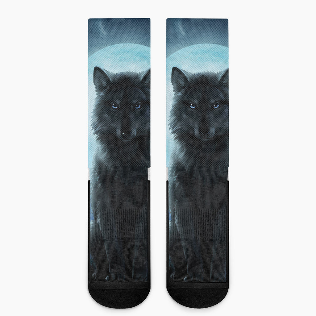 Moonlight Wolf Print Crew Socks