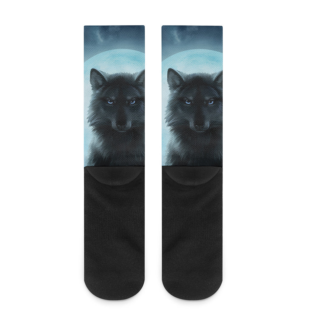 Moonlight Wolf Print Crew Socks