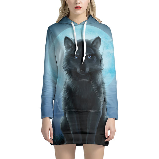 Moonlight Wolf Print Hoodie Dress