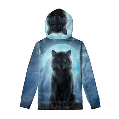 Moonlight Wolf Print Pullover Hoodie
