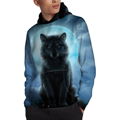 Moonlight Wolf Print Pullover Hoodie