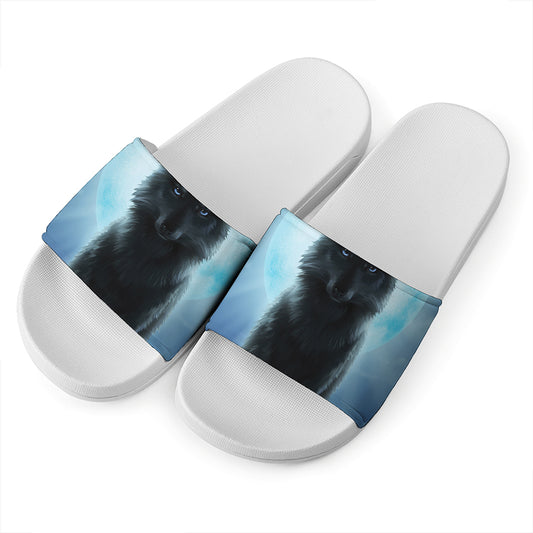 Moonlight Wolf Print White Slide Sandals