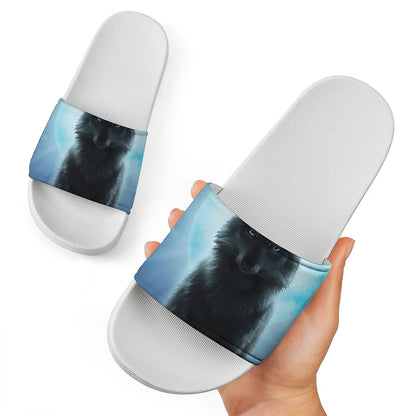 Moonlight Wolf Print White Slide Sandals