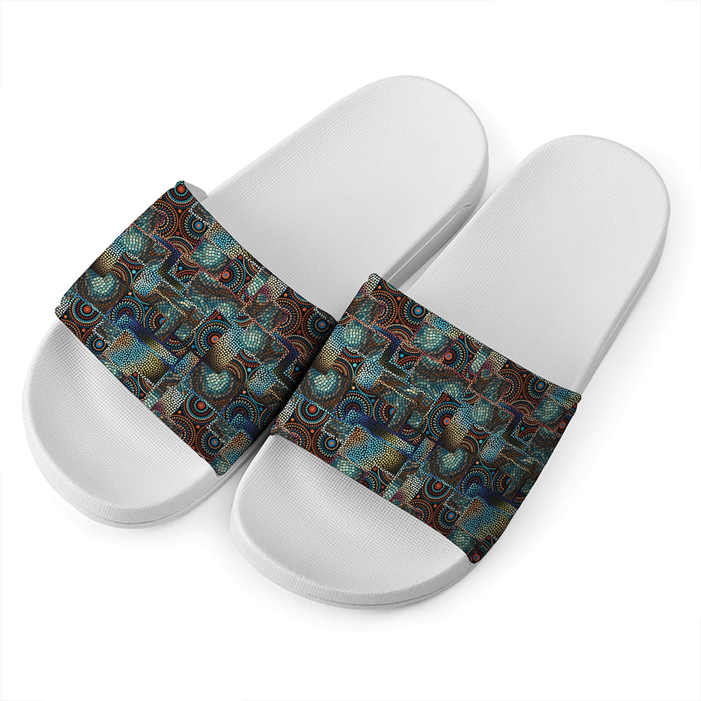 Mosaic Patchwork Pattern Print White Slide Sandals