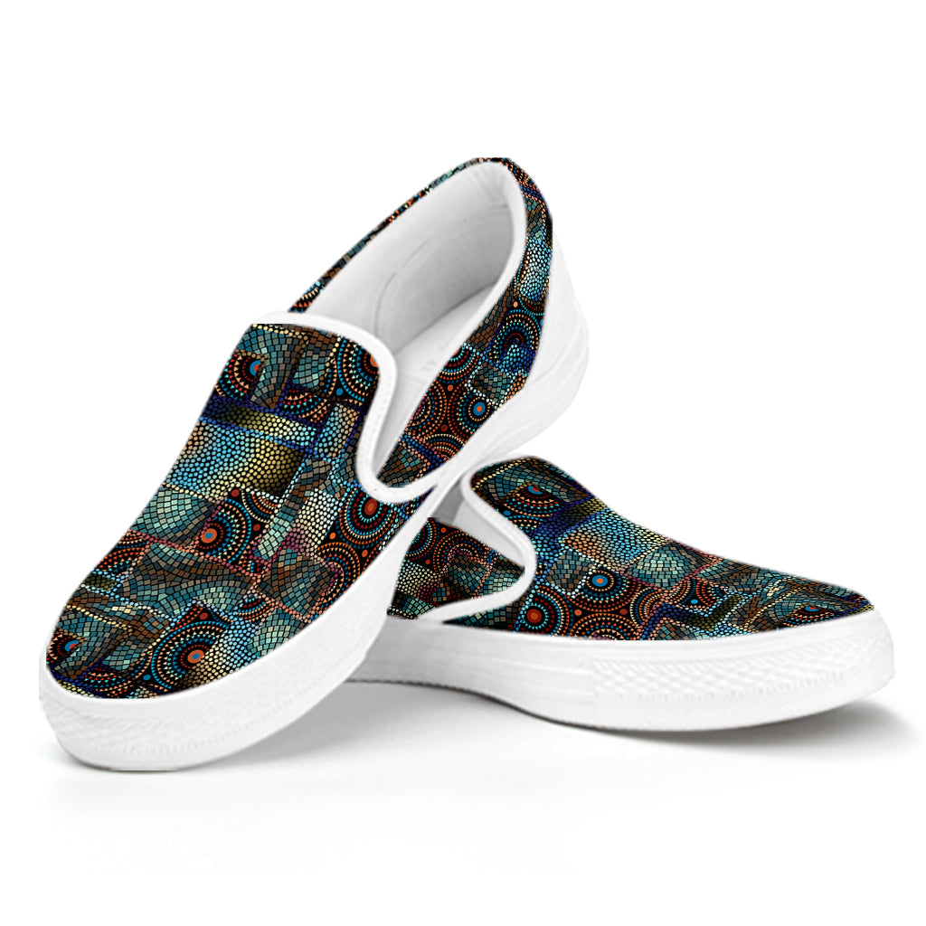 Mosaic Patchwork Pattern Print White Slip On Shoes