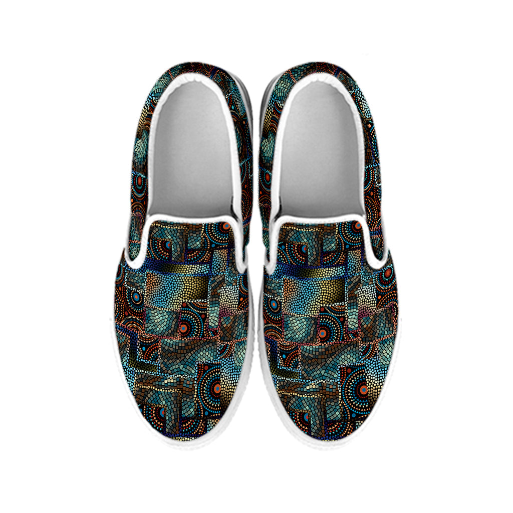 Mosaic Patchwork Pattern Print White Slip On Shoes