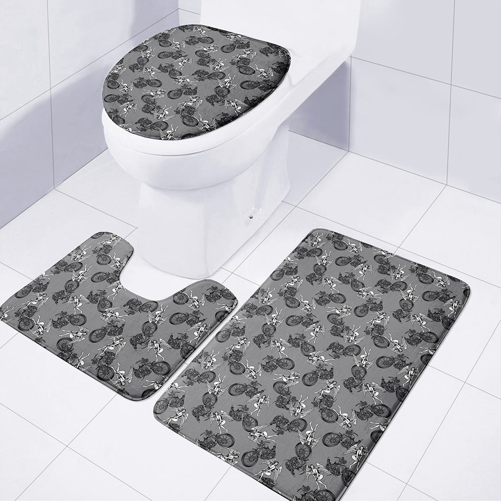 Motorcycle And Angel Pattern Print 3 Piece Bath Mat Set