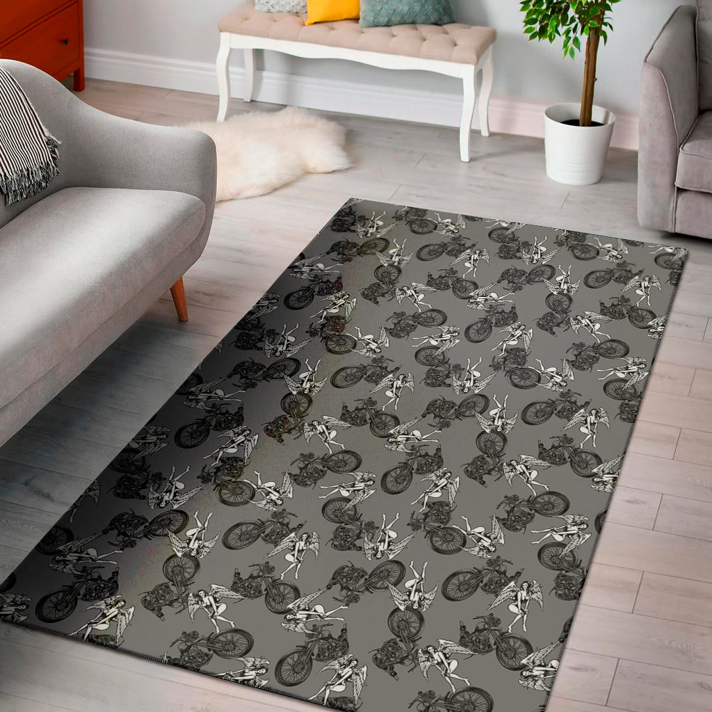 Motorcycle And Angel Pattern Print Area Rug