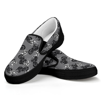 Motorcycle And Angel Pattern Print Black Slip On Shoes