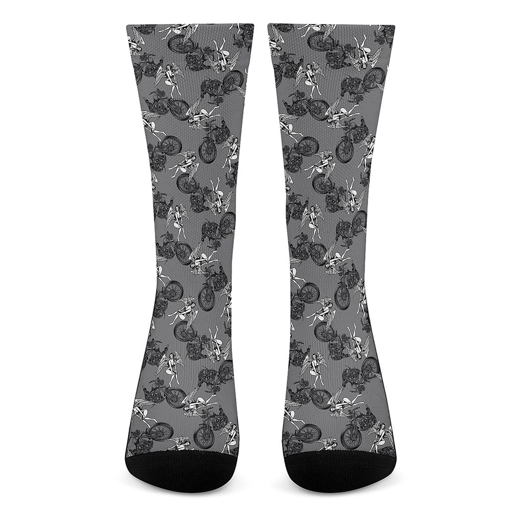Motorcycle And Angel Pattern Print Crew Socks
