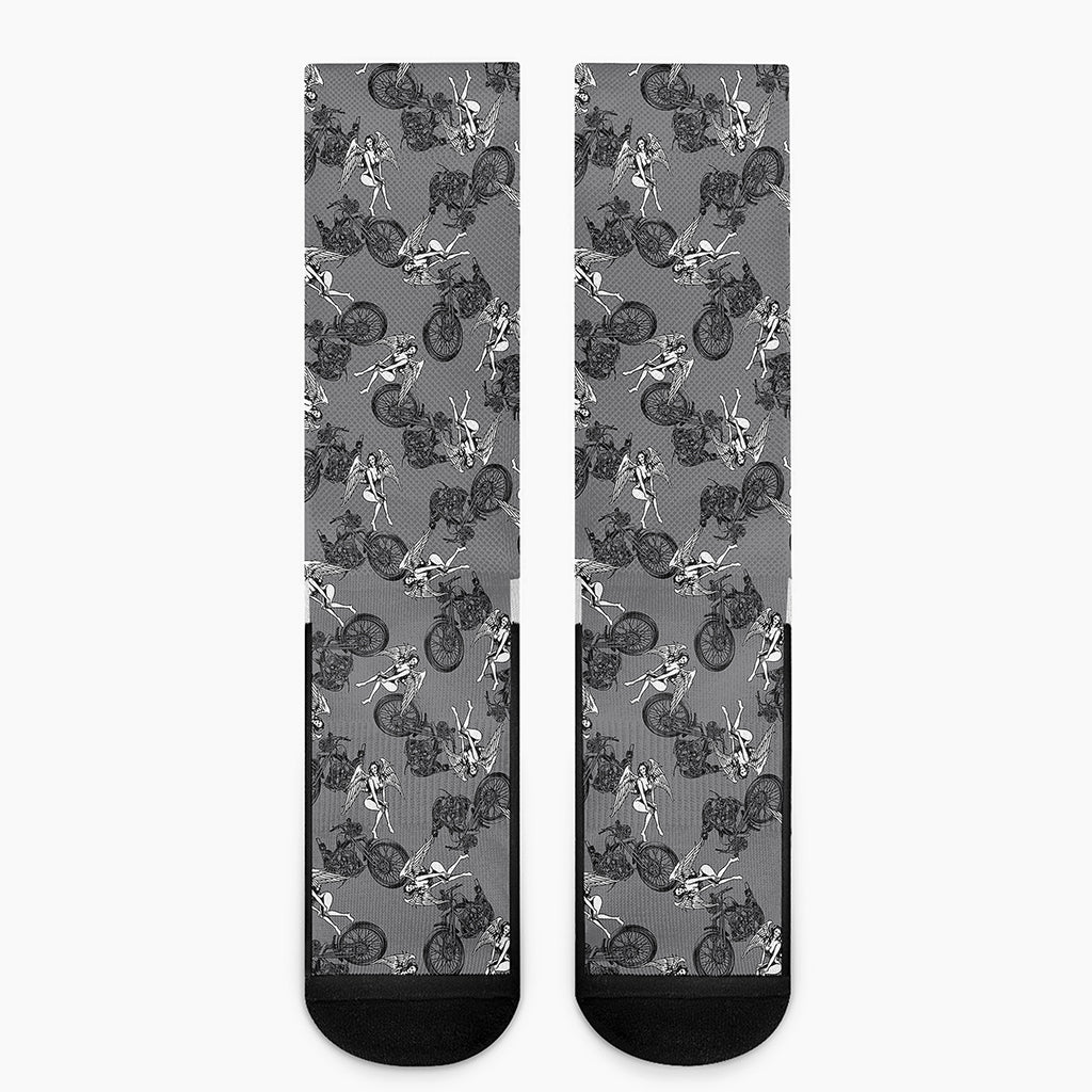 Motorcycle And Angel Pattern Print Crew Socks
