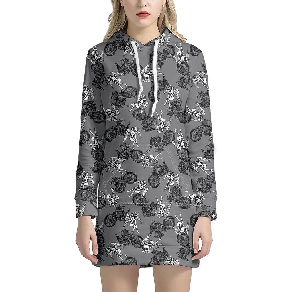Motorcycle And Angel Pattern Print Hoodie Dress