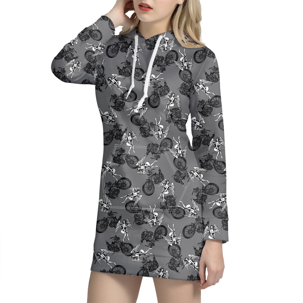 Motorcycle And Angel Pattern Print Hoodie Dress