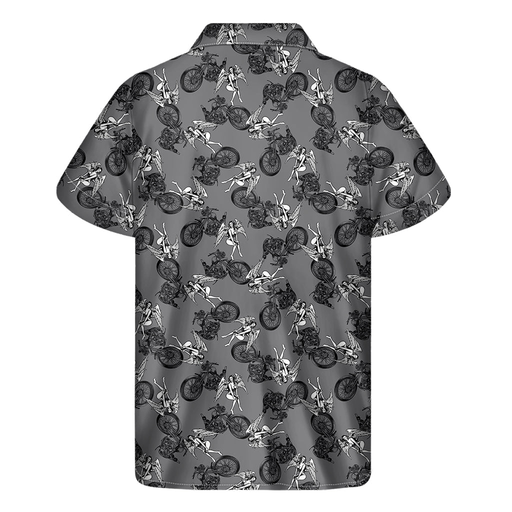 Motorcycle And Angel Pattern Print Men's Short Sleeve Shirt