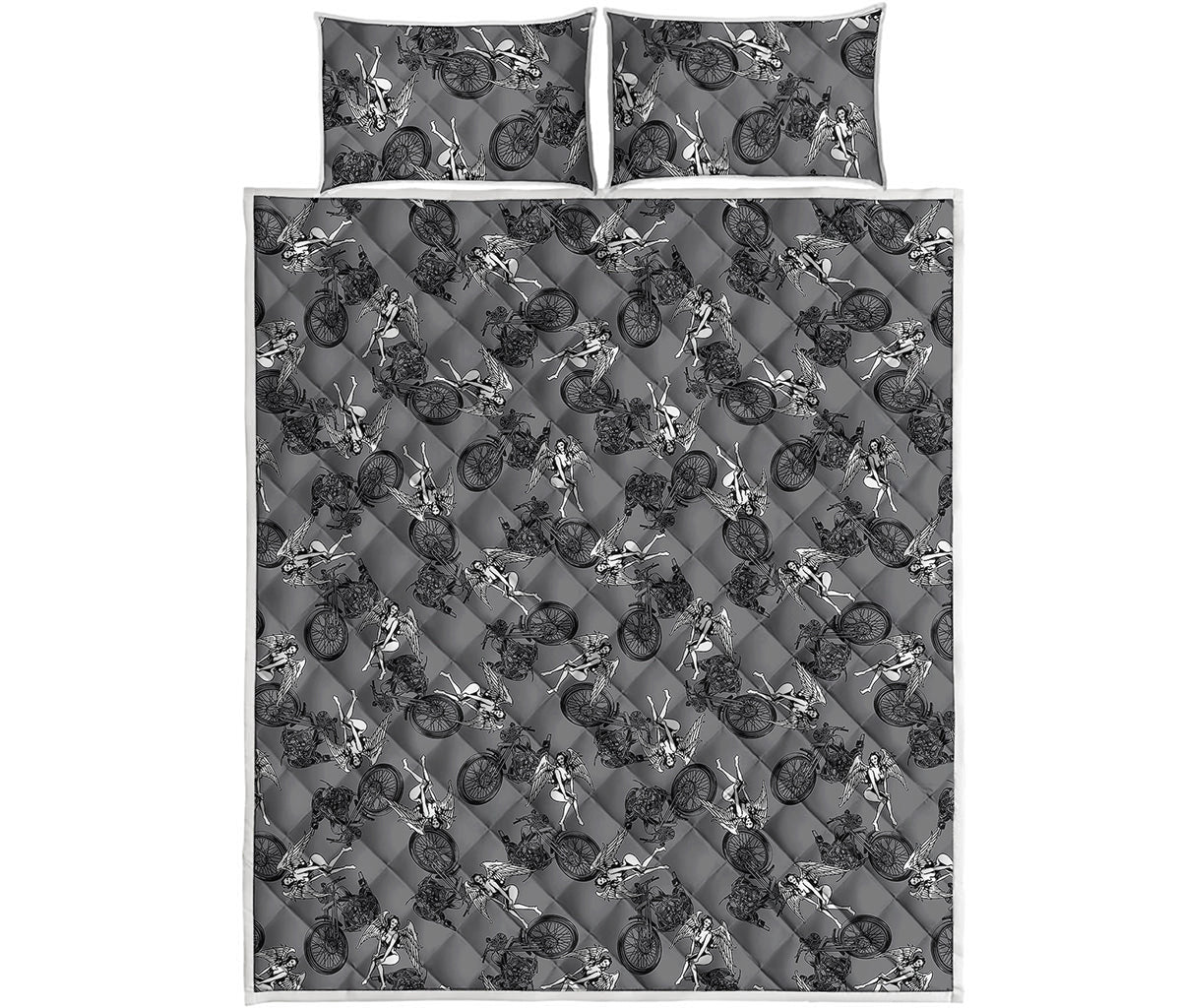 Motorcycle And Angel Pattern Print Quilt Bed Set