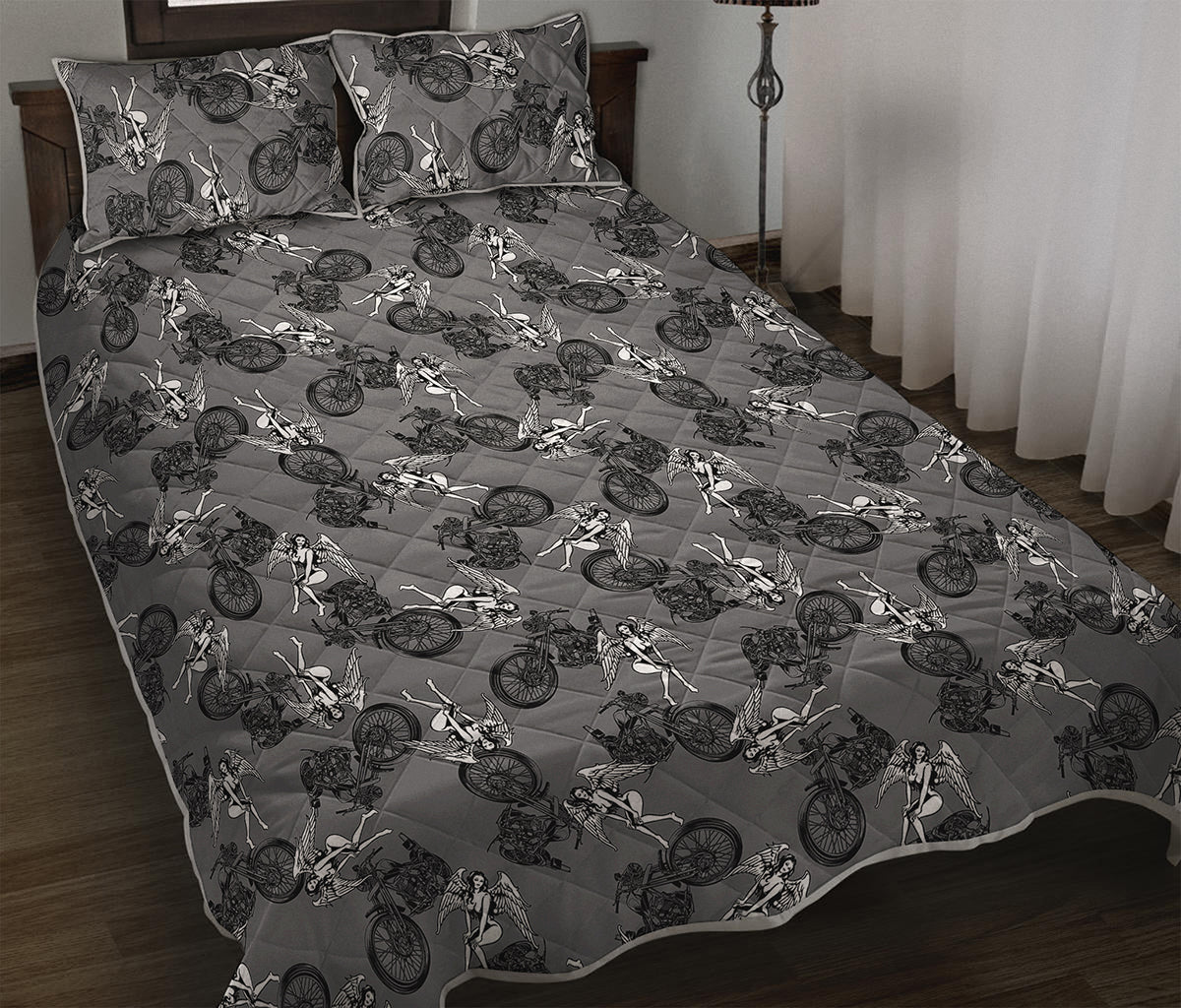Motorcycle And Angel Pattern Print Quilt Bed Set