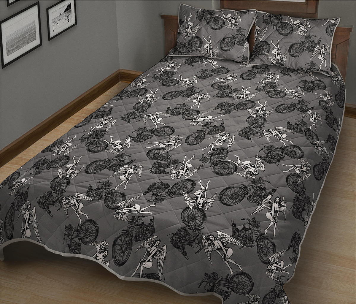 Motorcycle And Angel Pattern Print Quilt Bed Set