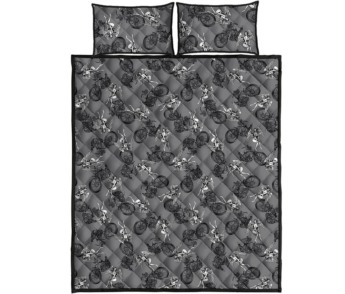 Motorcycle And Angel Pattern Print Quilt Bed Set