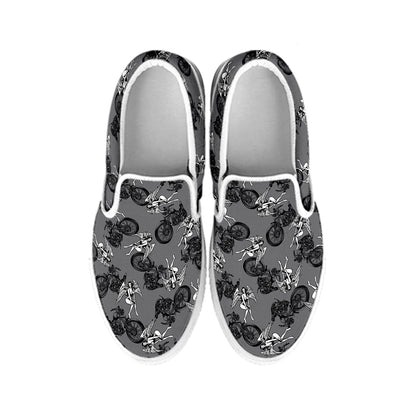 Motorcycle And Angel Pattern Print White Slip On Shoes