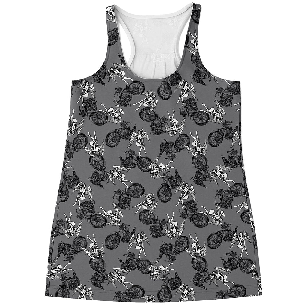 Motorcycle And Angel Pattern Print Women's Racerback Tank Top