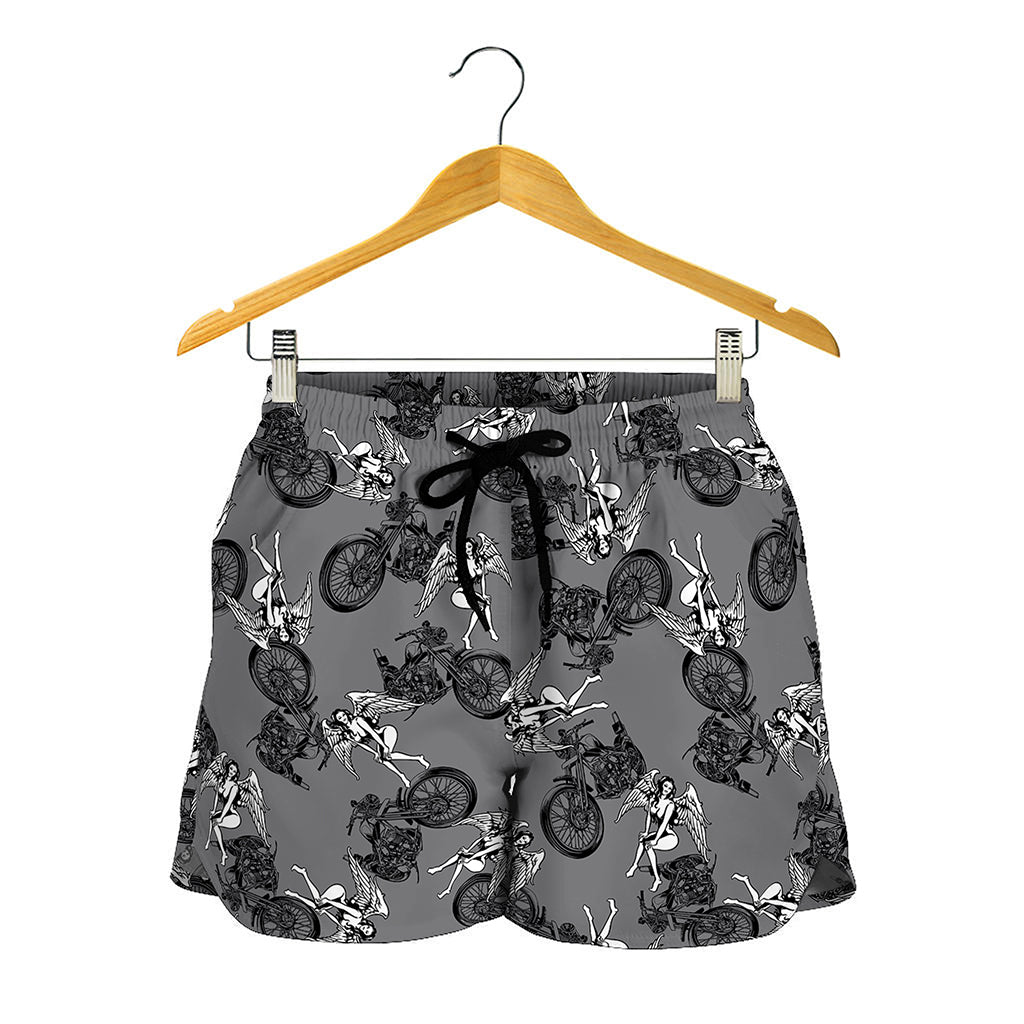 Motorcycle And Angel Pattern Print Women's Shorts
