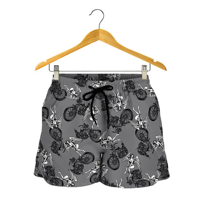 Motorcycle And Angel Pattern Print Women's Shorts