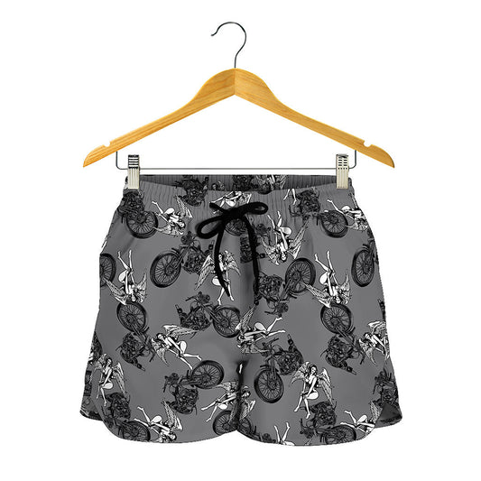 Motorcycle And Angel Pattern Print Women's Shorts