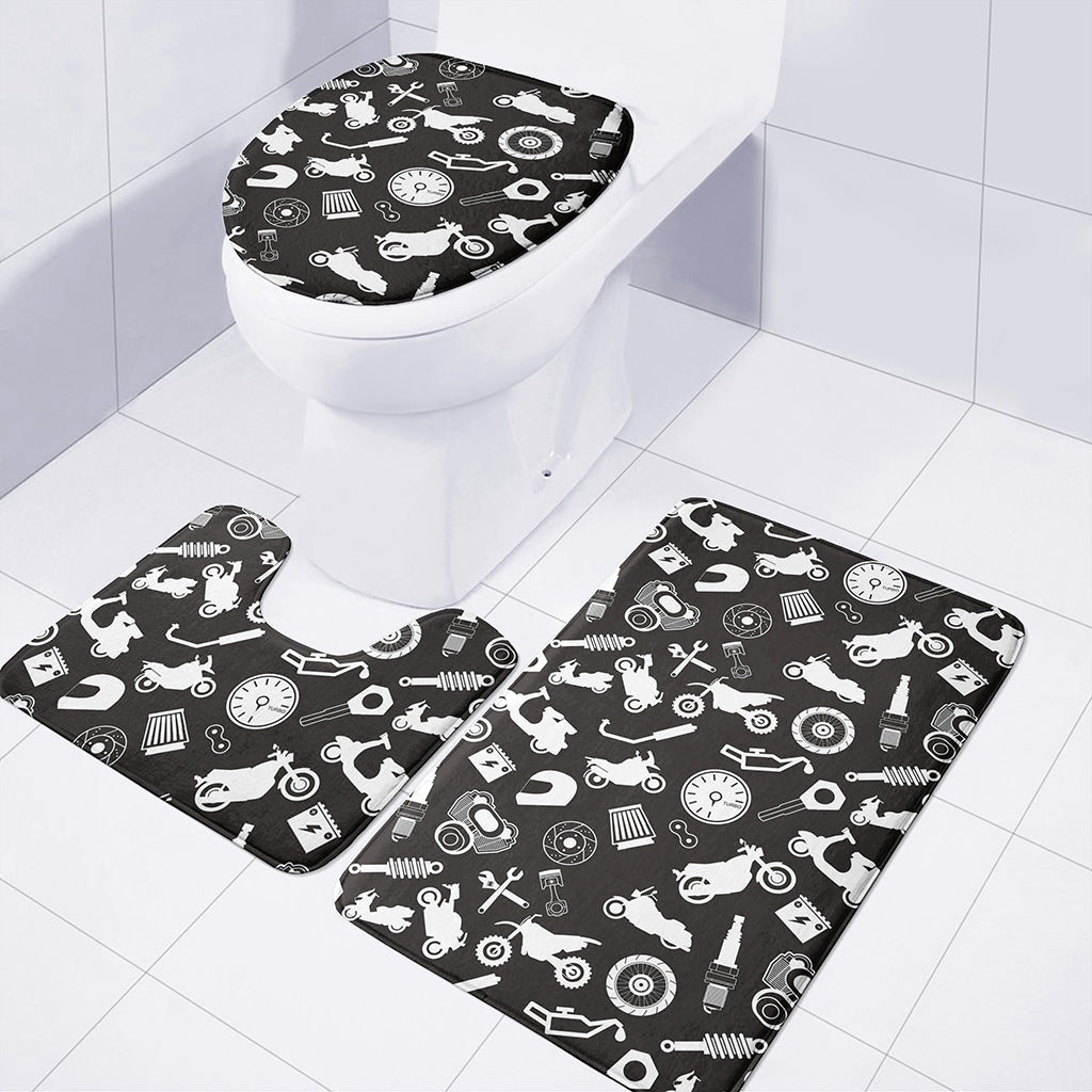Motorcycle Equipment Pattern Print 3 Piece Bath Mat Set