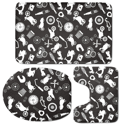 Motorcycle Equipment Pattern Print 3 Piece Bath Mat Set