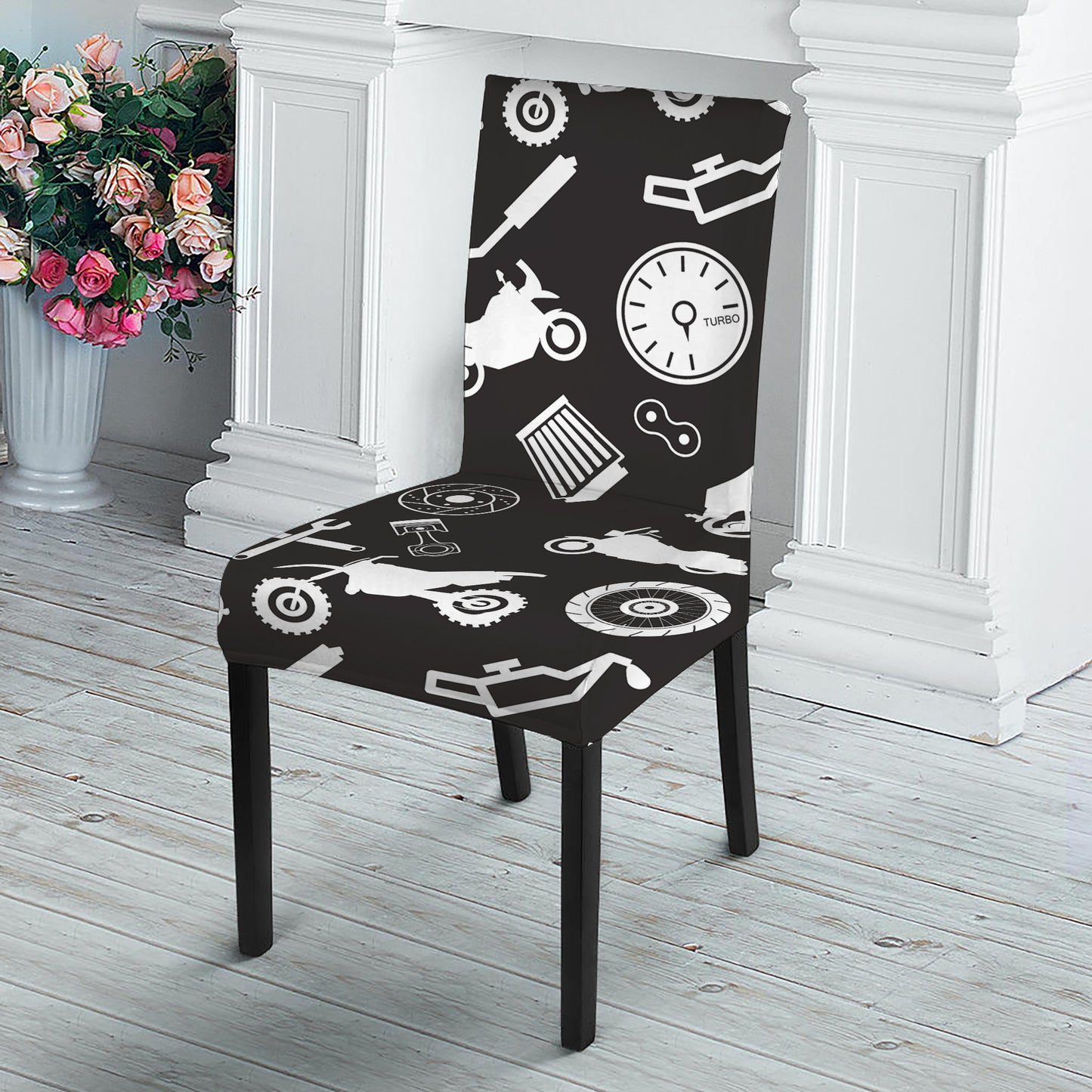 Motorcycle Equipment Pattern Print Dining Chair Slipcover