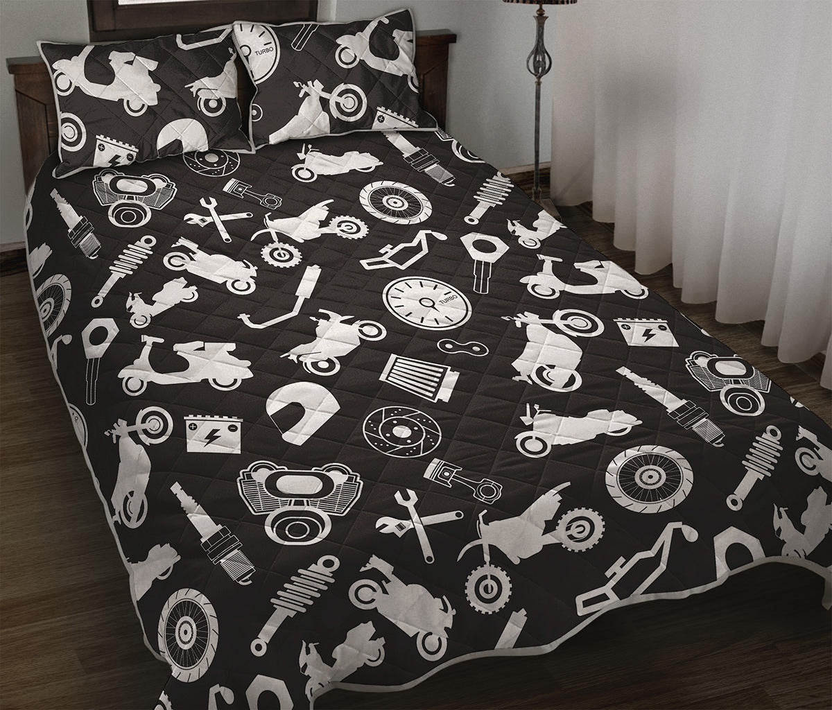 Motorcycle Equipment Pattern Print Quilt Bed Set