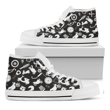 Motorcycle Equipment Pattern Print White High Top Shoes