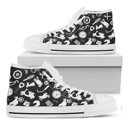 Motorcycle Equipment Pattern Print White High Top Shoes