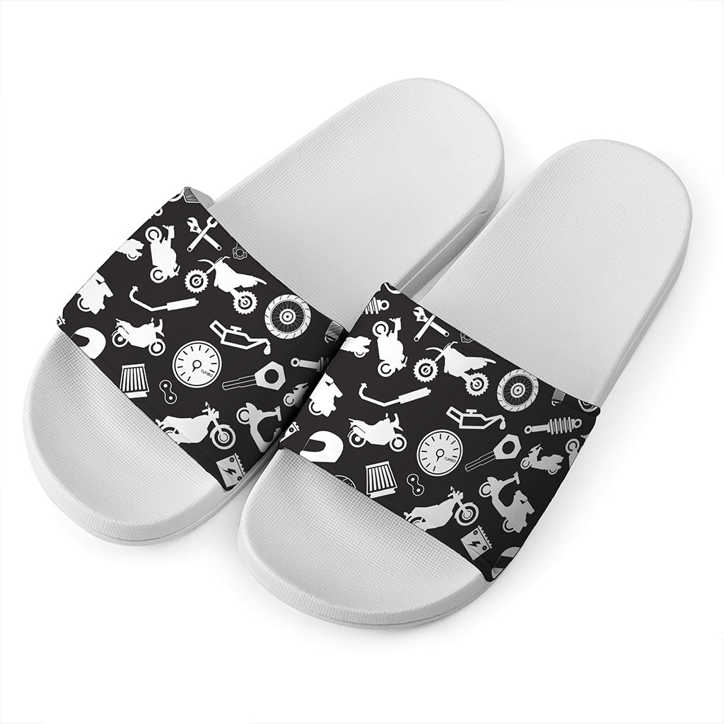 Motorcycle Equipment Pattern Print White Slide Sandals