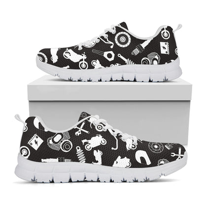 Motorcycle Equipment Pattern Print White Sneakers