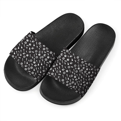 Motorcycle Parts Pattern Print Black Slide Sandals