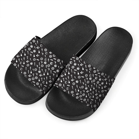 Motorcycle Parts Pattern Print Black Slide Sandals