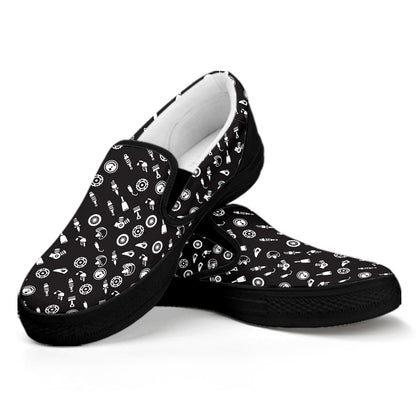 Motorcycle Parts Pattern Print Black Slip On Shoes